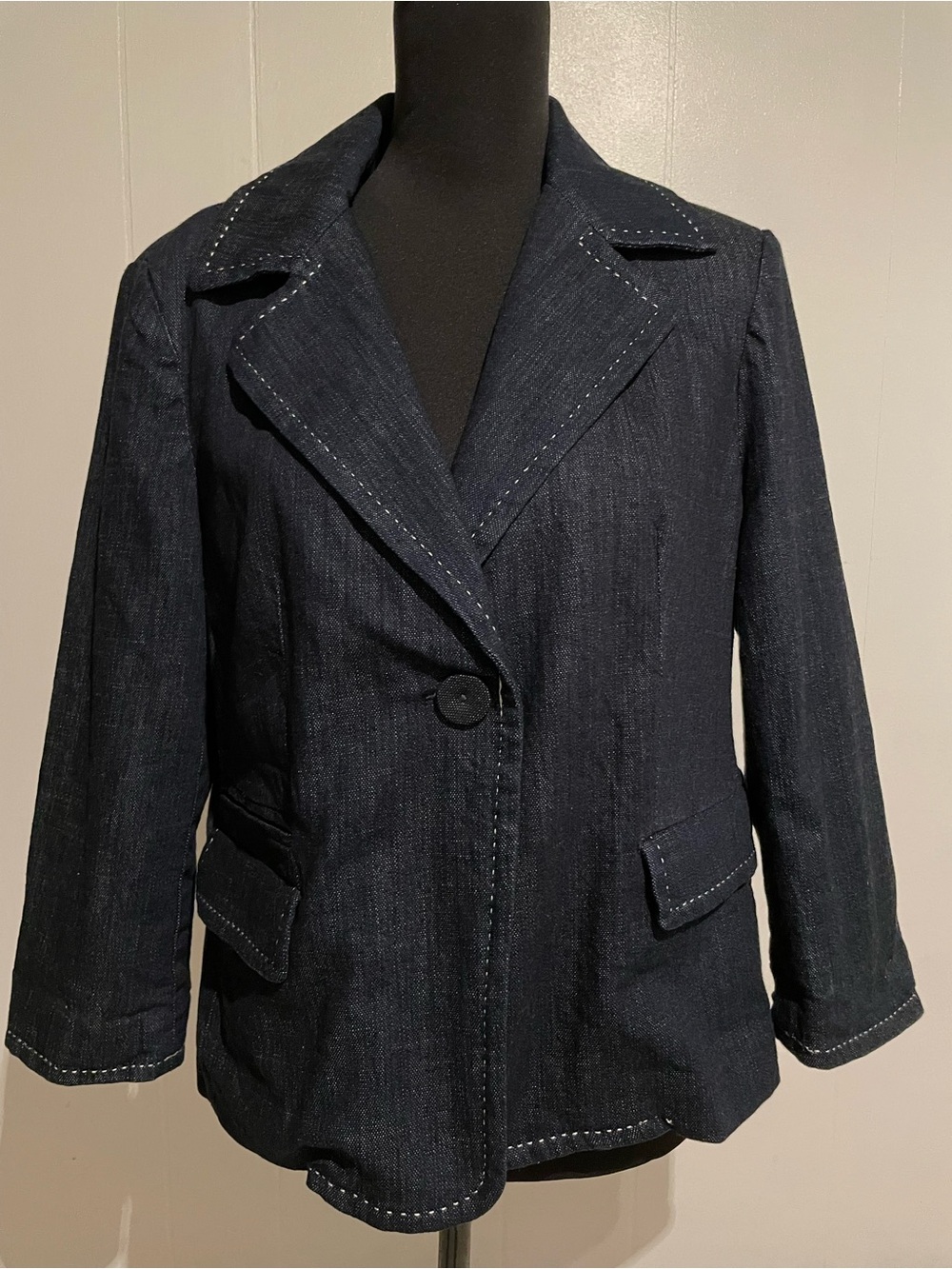 Talbots Dark Blue Denim Look Blazer with Contrast White Stitching, Size 12
